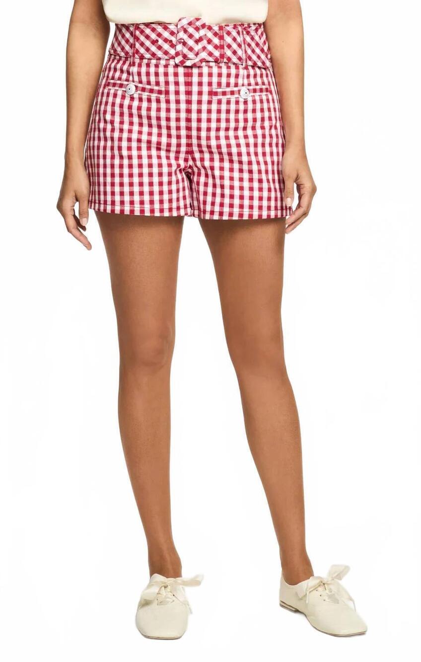 NEW CINQ A SEPT mini gingham denim allie shorts in chili pepper/white